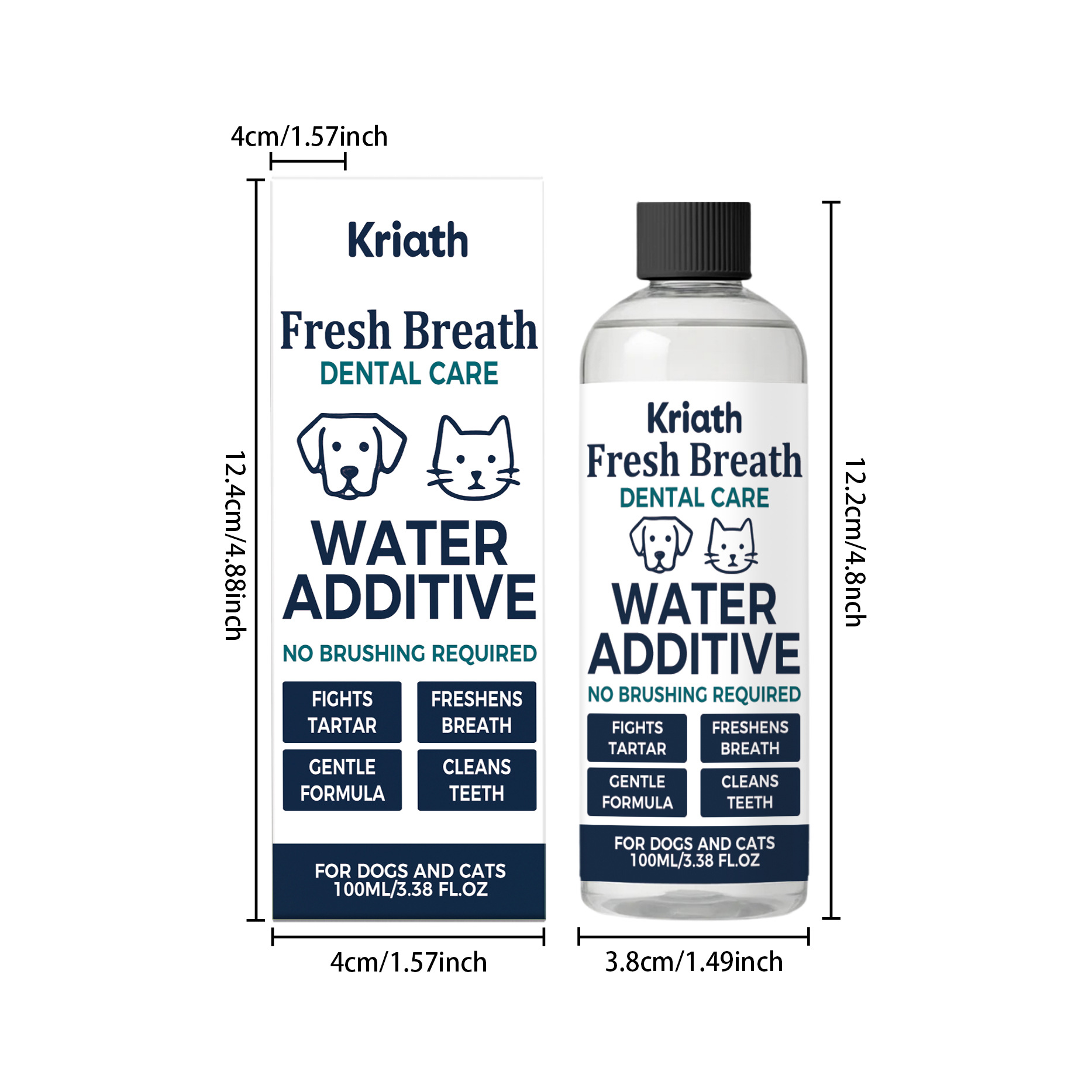 Kriath Fresh Breath Dental Care Water Additive, 100ML/3.38FL.OZ - No Brushing Required, Gentle Formula for Dogs & Cats, Fight Tartar, Freshen Bad Breath, Clean Teeth, Professional Oral Care Essential for Healthy Gums & Fresh Mouth in Pets