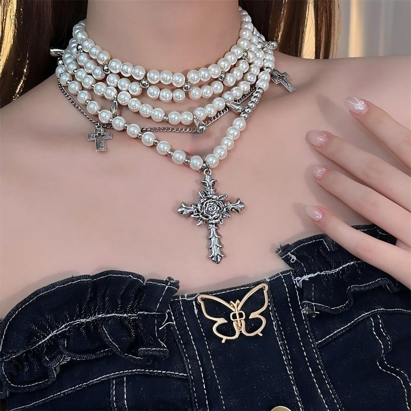 11pcsfashion personalized multilayer pearl cross pendant necklace collar chain feminine jewelry accessories gifts valentines day gifts birthday gifts surprise for her details 0