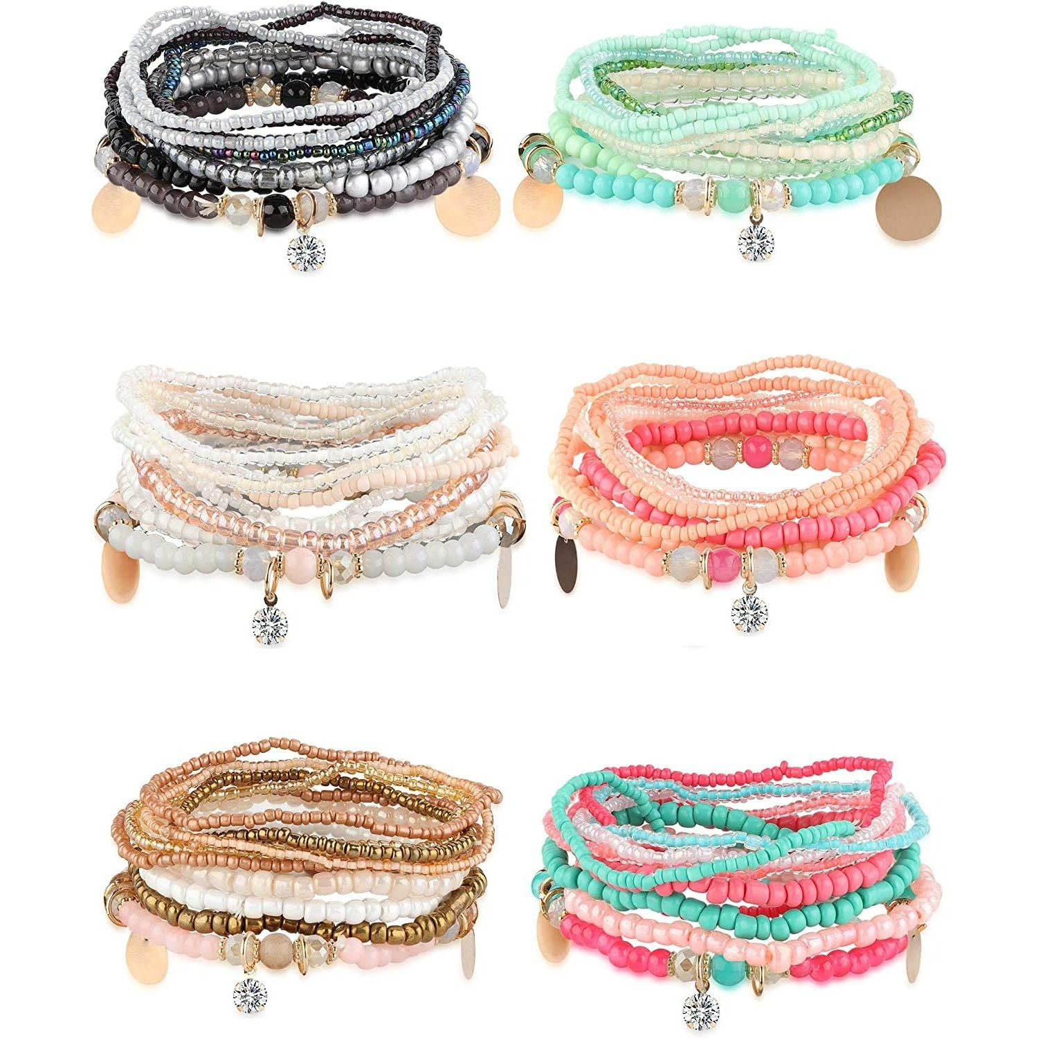 6 Sets Bohemian Stretch Bead Bracelets For Women Multi-row Beads Bracelet Stackable Bracelet Set Multicoloured Jewellery