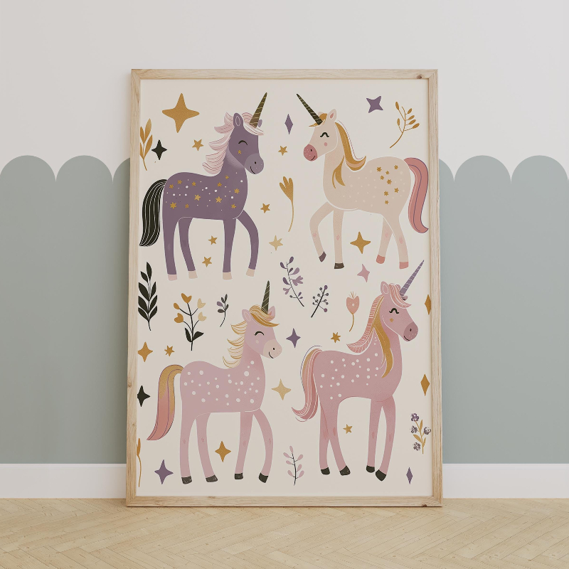 E-shop 2D Flach, 2D Flach, . 2D Flaches Blumen- Einhorn Poster Traumhafte Raum Wandkunst Ungerahmter Leinwanddruck Geeignet für Raumdekoration