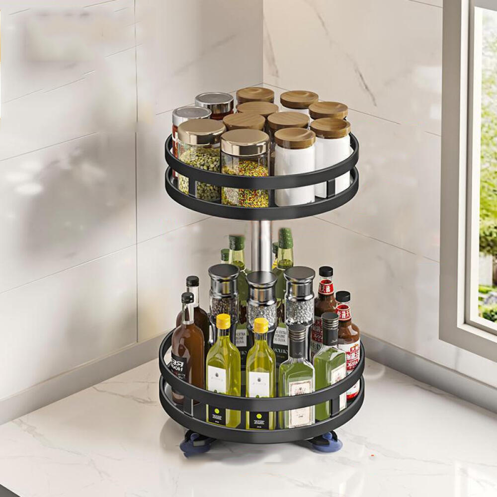Image of 2/3 Tier Round Turntable Spice Rack - 360° Rotating Kitchen Holder, Carbon Steel Spice And Seasoning Storage Rack Organizer For Kitchen And Bathroom Essentials
