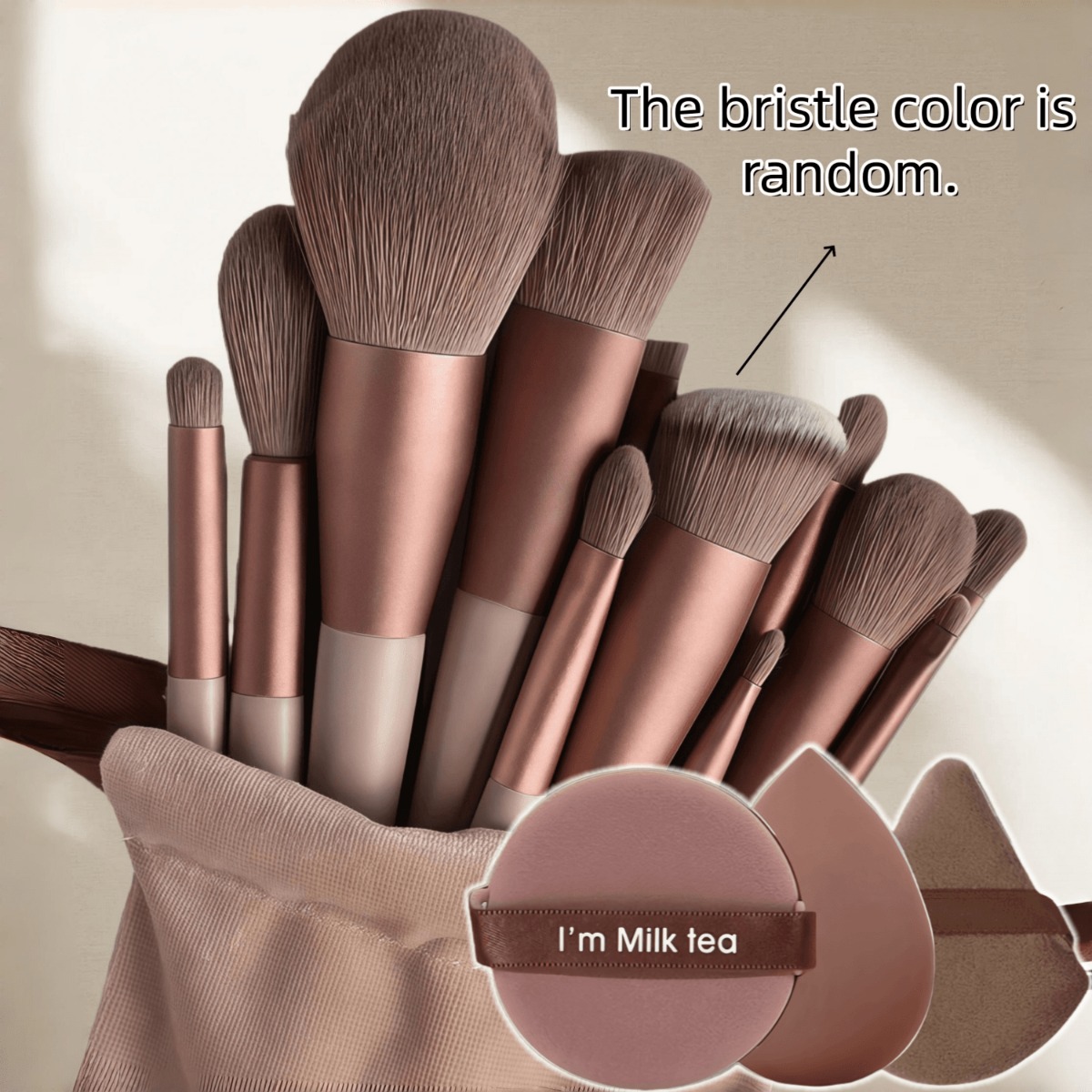 Image of 16pcs Makeup Brush Set, Including 13pcs Brushes And 3pcs Brown Sponges, Professional Makeup Brushes, Foundation Brush, Eyeshadow Brush, Blush Brush, Makeup Sponges, With Random Color Storage Bag
