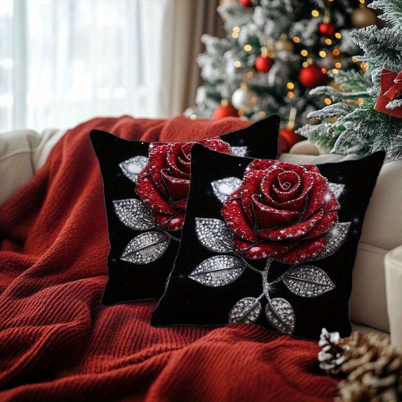 TEMU 2 pièces Housse de Coussin en Velours Luxueux avec Accent de Diamant - Adaptée pour Canapé, Lit - Housse Décorative Rouge Rose avec Fermeture