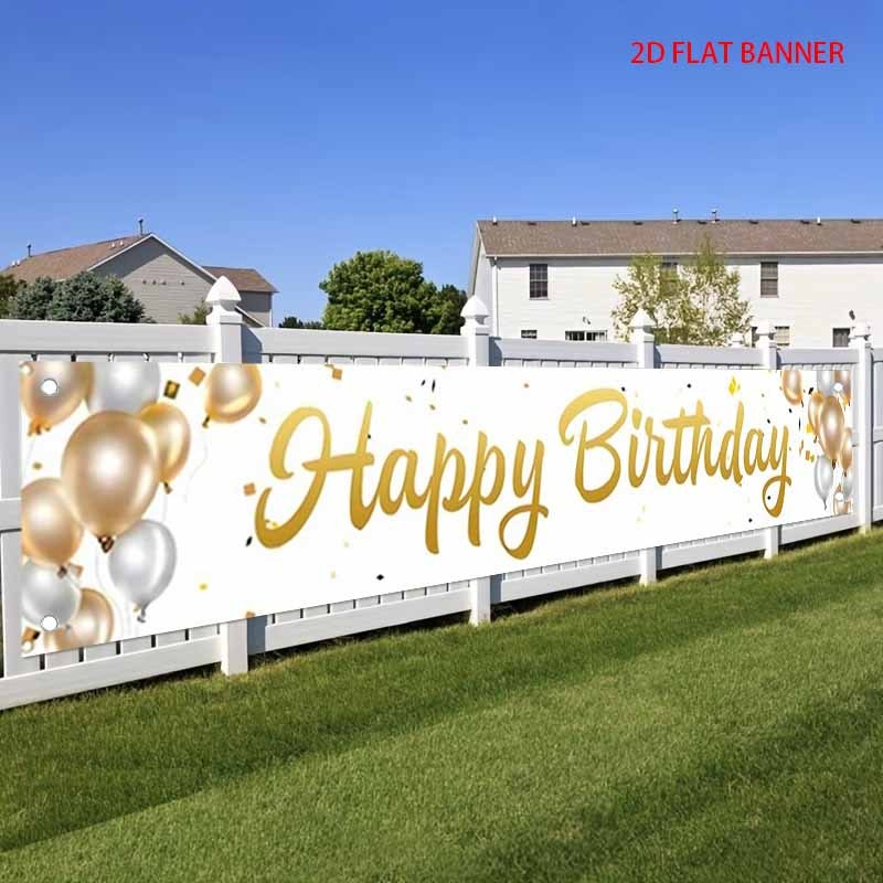 TEMU Plat 2D, Bannière plate 2D 1 pièce : Bannière de fête de clôture " Anniversaire", fanion, ballons dorés et argentés avec motif à paillettes,