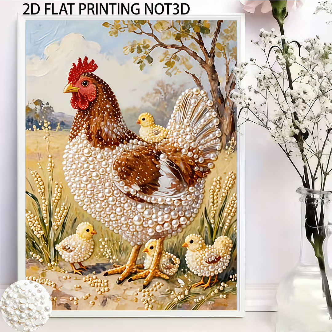TEMU Nouvelle peinture perle, avec un design pastoral de poule et de poussins ornés de perles | Kit de peinture perle 5D adapté à la décoration des