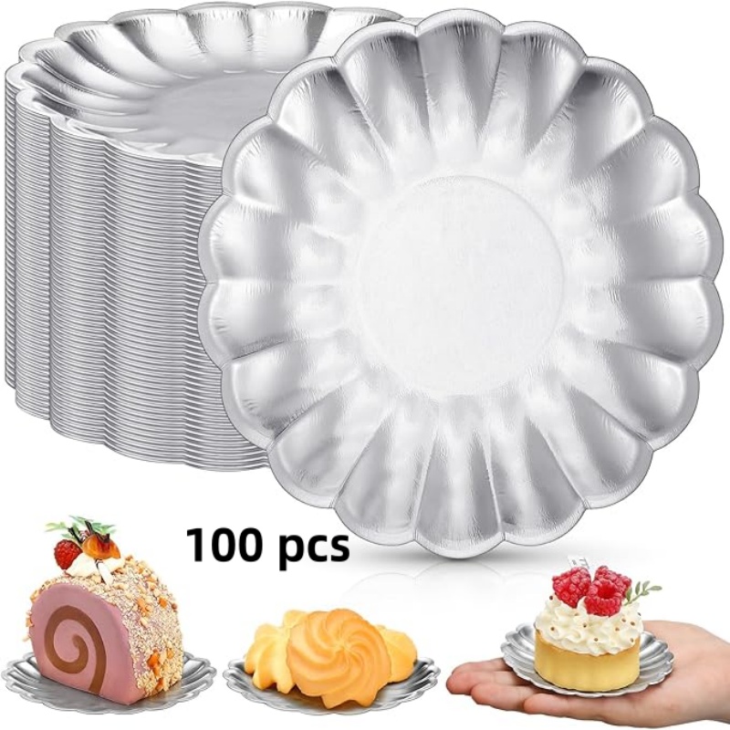 100pcs Mini Dessert Plates | 3.5 Inch Silver Scalloped Rim Mini Paper Dessert Dish For Cake Baking Party Wedding Birthday, Paper Material