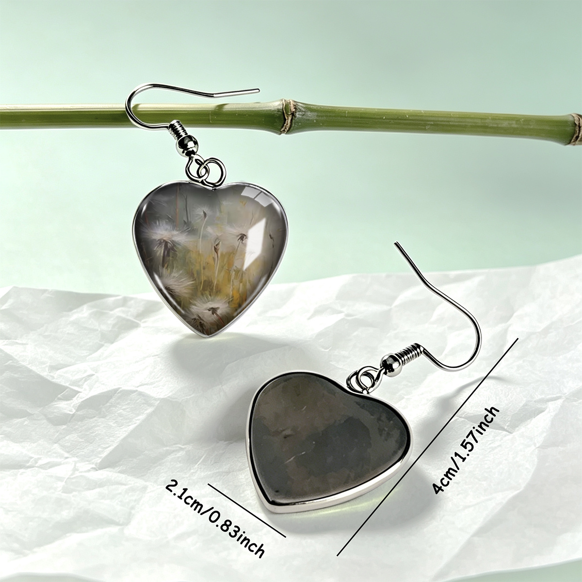 Hazy Mist-Like Dandelion Grass Heart-Shaped Earrings