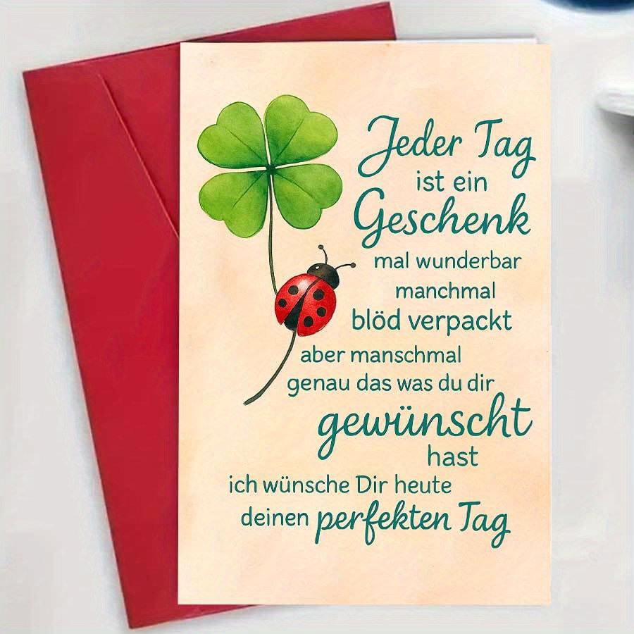 E-shop Glückwunsch-Karte mit Glücks-Kleeblatt und Marienkäfer, für Freunde, Familie und Liebste, um positive Wünsche bei besonderen Anlässen oder