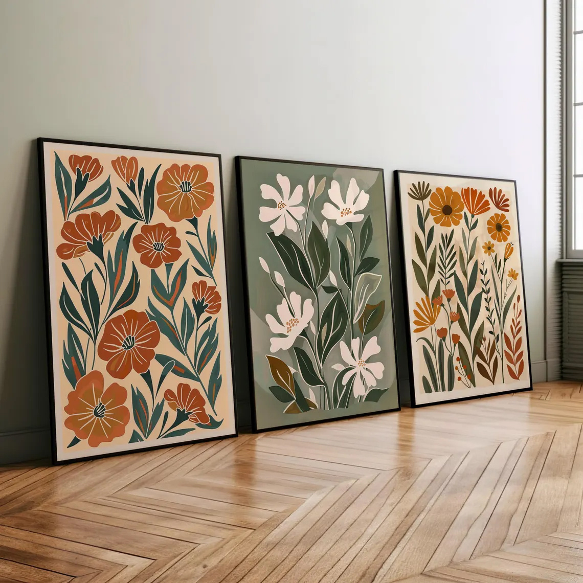 

3pcs Set Modern Boho Abstract Floral Wall Art Prints, Art Style, Unframed Ink On Canvas, Indoor & Outdoor Posters For Living Room, Bedroom, Classroom - Spring & Fall Botanical Illustrations