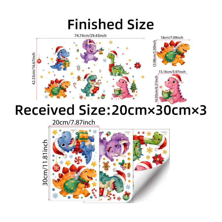 TEMU 3 feuilles de stickers de fenêtre de Noël dinosaure, autocollants muraux dinos de dessin animé mignons et bâton de chapeau de Père Noël de neige