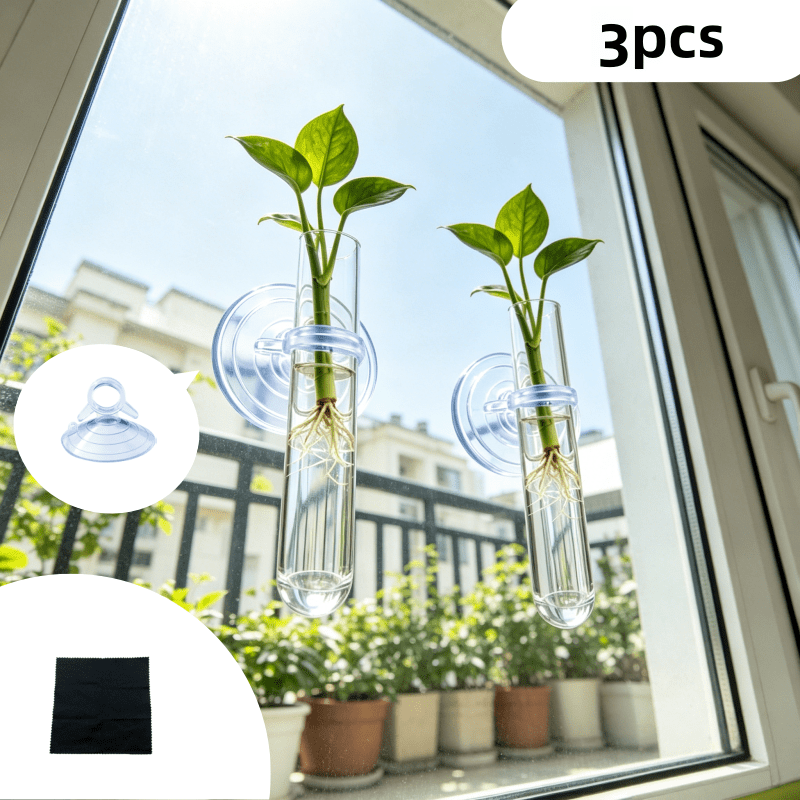TEMU No-nail Suction Cup Wall-mounted Plant Bottle Set (3-pack) – Indoor Hydroponic Propagation Containers, Made Of Transparent, Thickened Plastic,