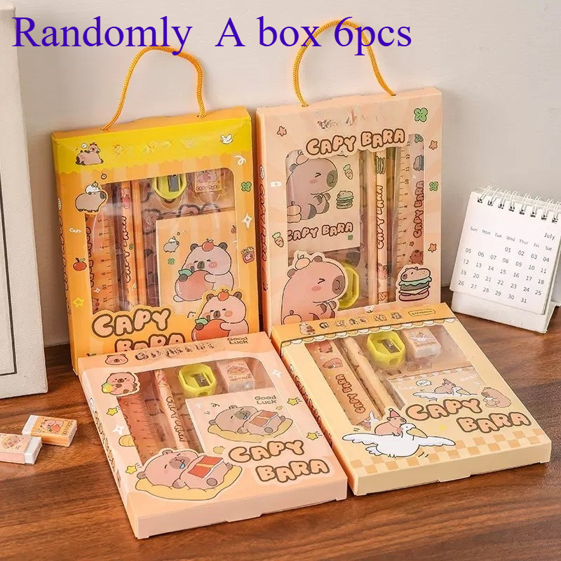 Image of 6pcs By Capybara Capybara Themed Stationery Set, Including Pencils, Rulers, Notebooks, Sharpeners And Erasers. Perfect For Daily Writing, Office Work, And An Birthday Gift.