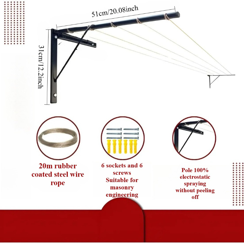 foldable and telescopic drying rack reinforced metal wall mounted supports heavy blankets   20 meters of rope space saving   suitable for patios   drying racks