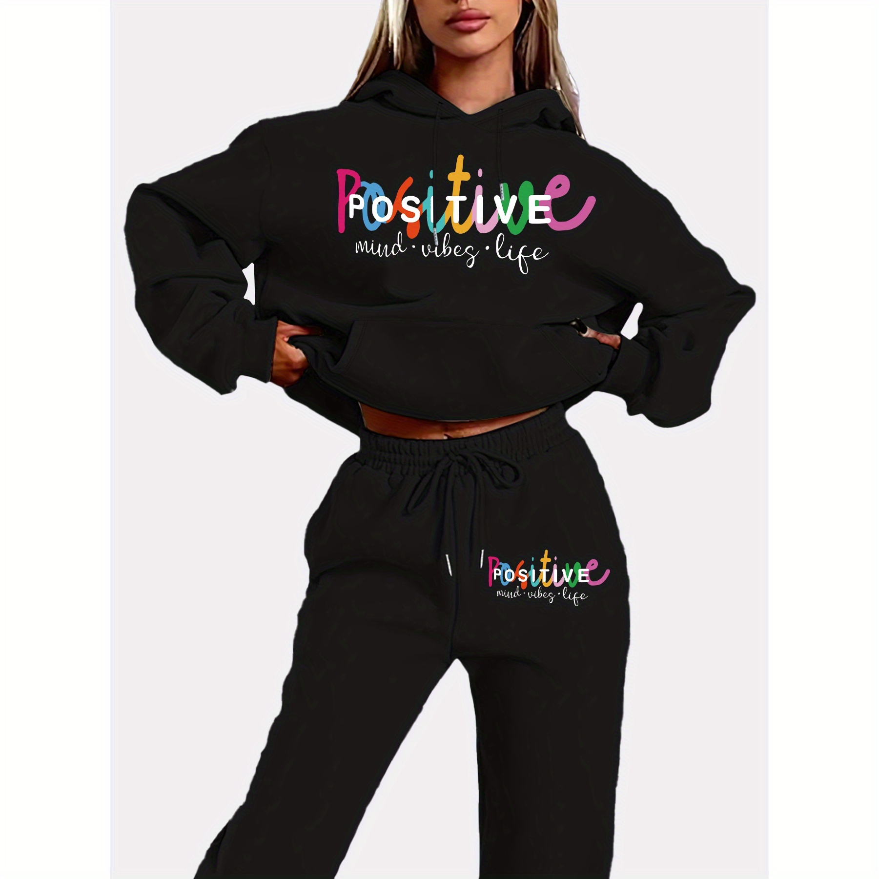 

's Positive Vibes Hooded Sweatsuit Set - And Pants , Pattern For Fall/