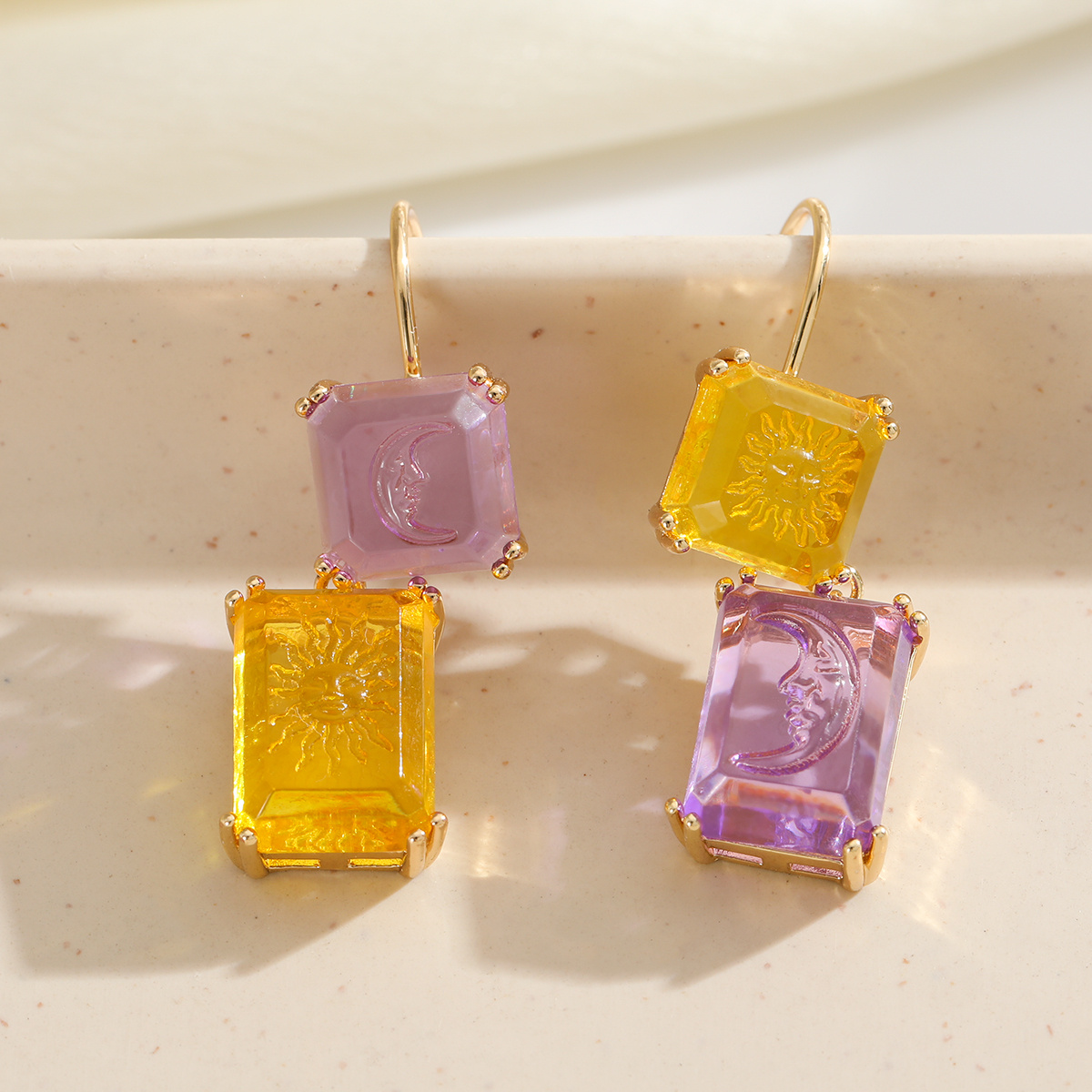 TEMU Bohemian Retro Asymmetrical Square Synthetic Zirconia Individual Carved Sun Moon Pattern Women's Pendant Earrings Suitable For Casual Vacation