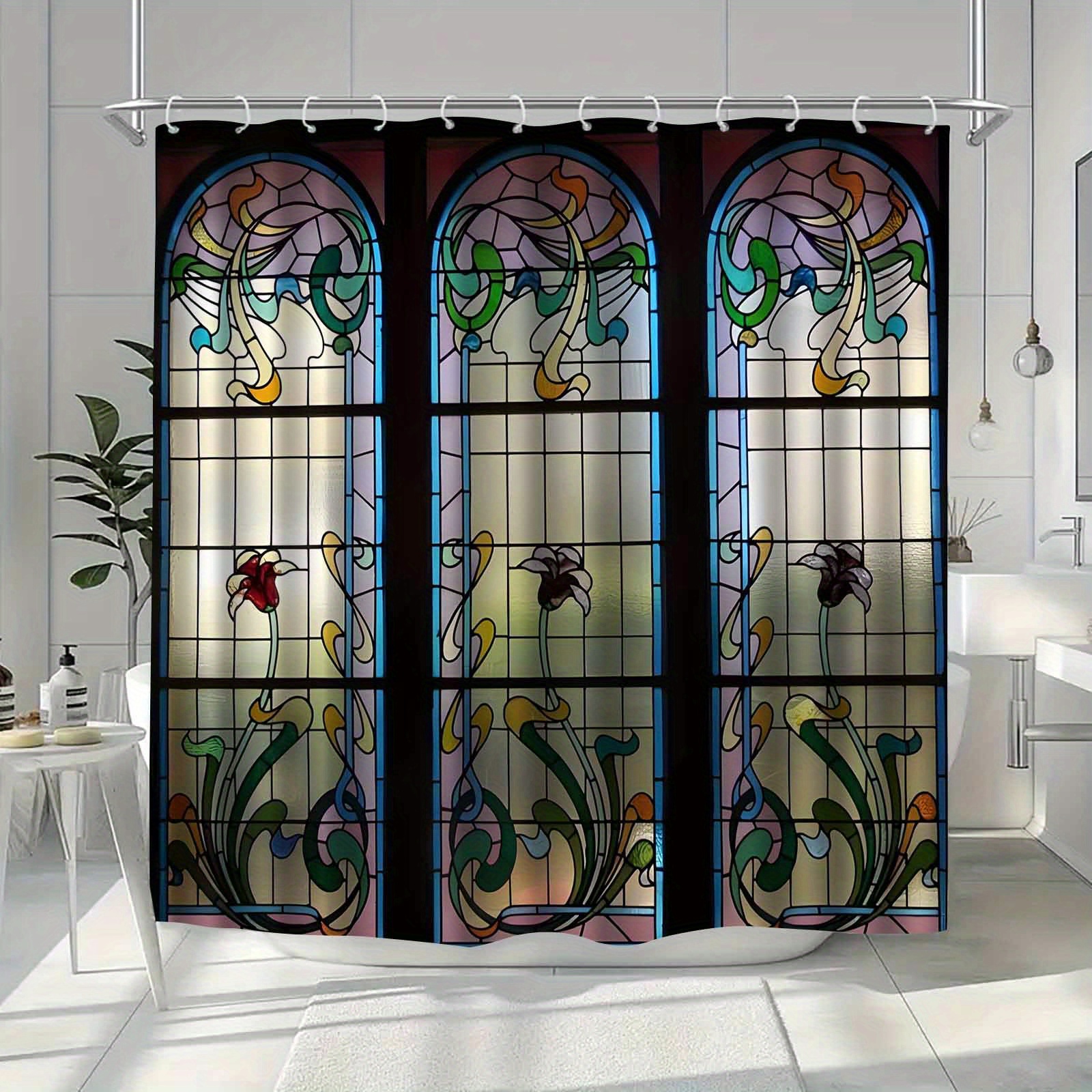 TEMU 1pc Fashionable European And Colored Glass Pattern Shower Curtain, High-end Elegant Bathroom Curtain Shower Curtain, Shower Curtain Home