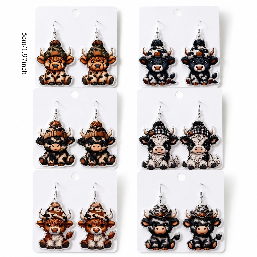 TEMU 6-pair Women's Acrylic Ear Jewelry Set, Fashionable Trendy/hat/cute Highland Cow Pattern, Suitable For Parties/celebrations/casual Wear/outfit