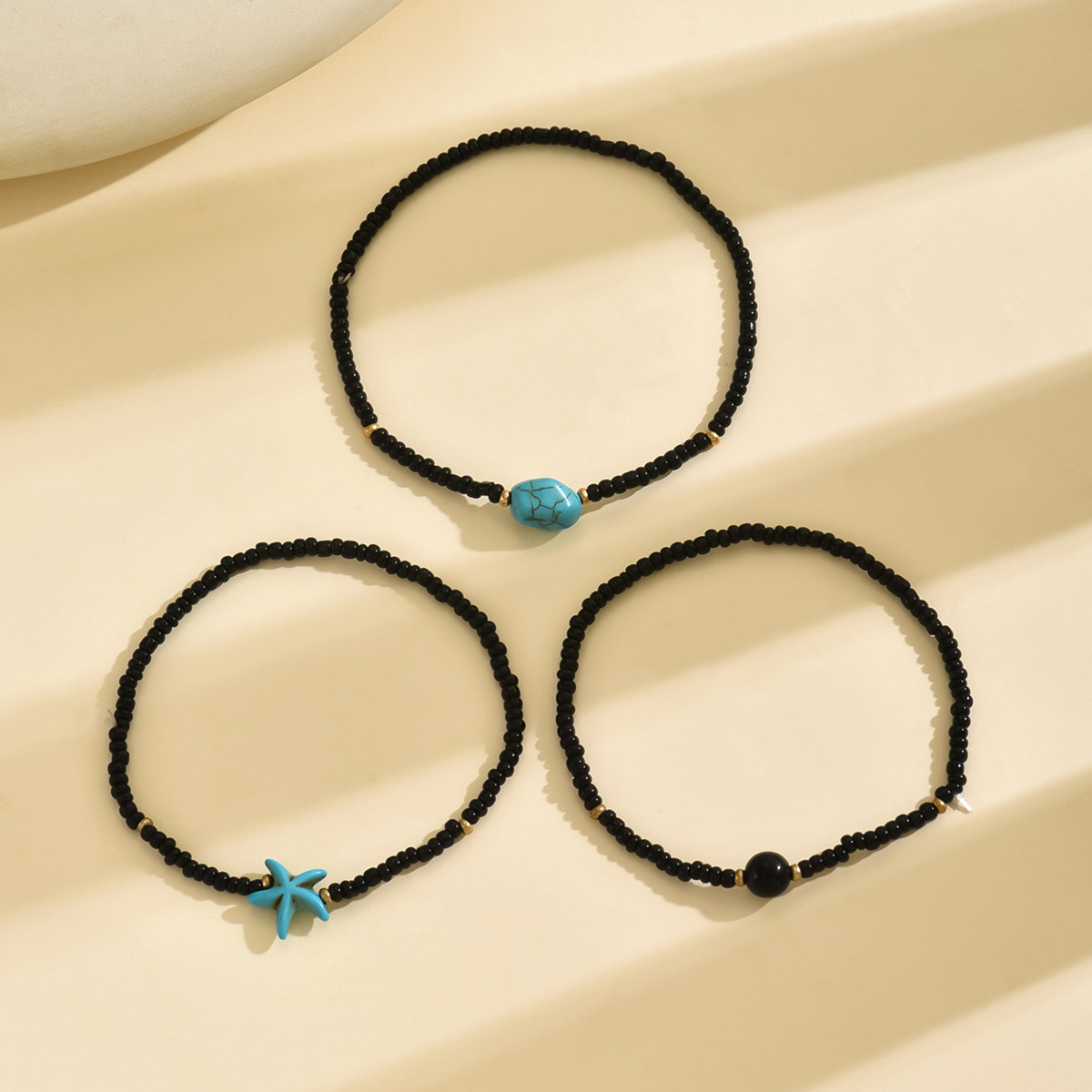 3 Pcs Women's Ankle Bracelets Set with Starfish & Turquoise Beads
