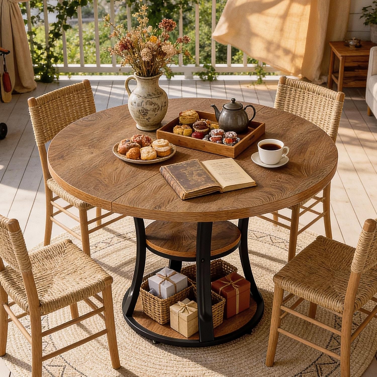 Image of 39 Inch Round Dining -, 3-tier Farmhouse Kitchen Table With Storage, Round Pedestal Dining Table, Space- Dinner Table For Kitchen, Dining Room, Small Space, Brown And Black
