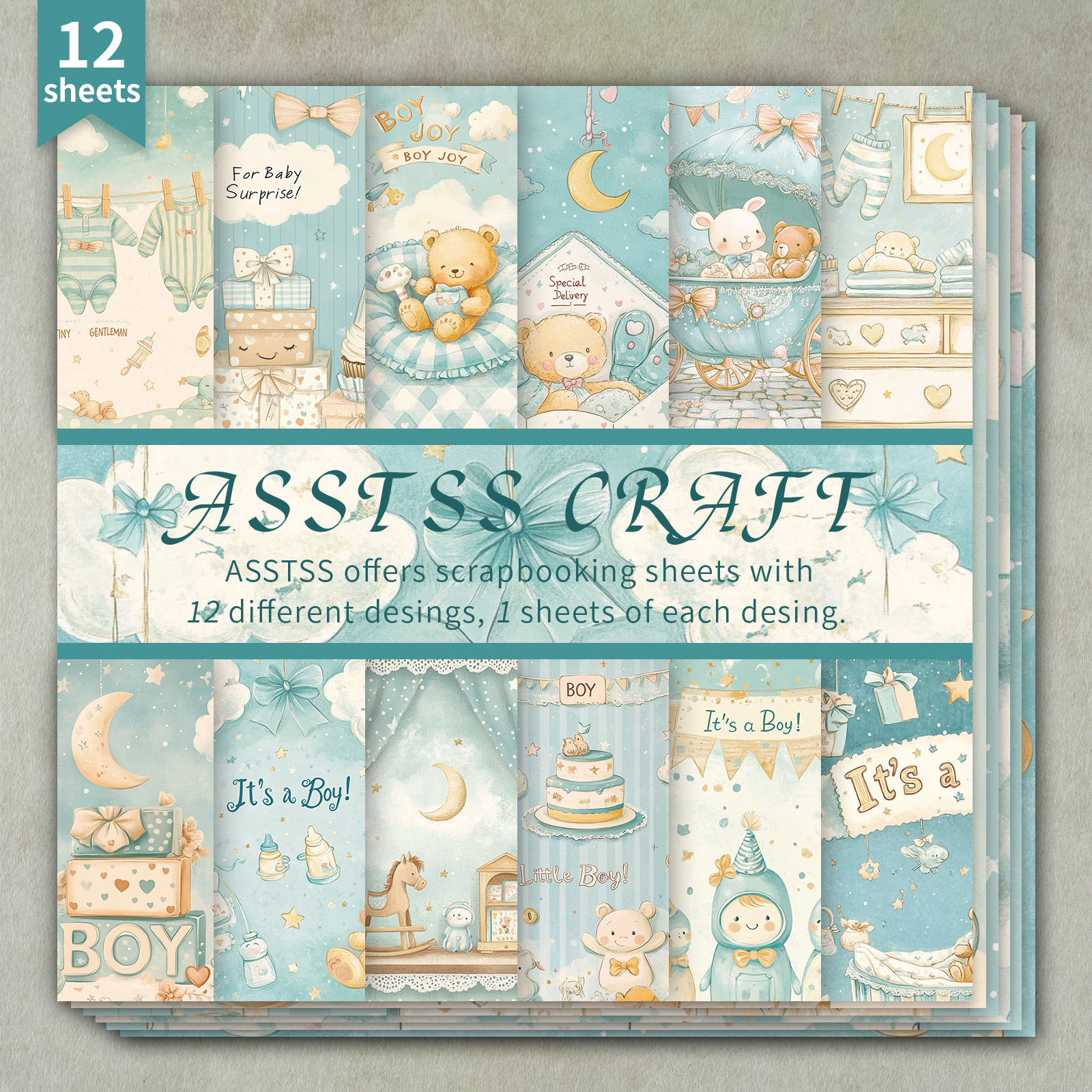 TEMU Bloc de papier de scrapbooking ASSTSS 12 feuilles 6*6 pouces, fournitures de papier de support style pour bébé garçon aux frais, papier cartonné
