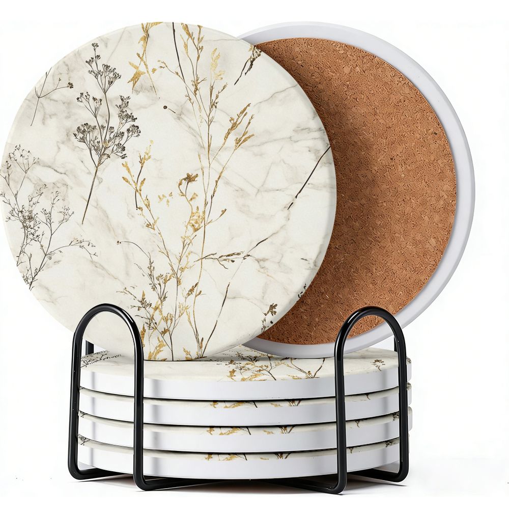 TEMU Golden Veins Pattern Round Coaster Set Of 6 With Holder Water Absorbent Non-slip Cork Base Heat Resistant Apartment Essentials Party Supplies