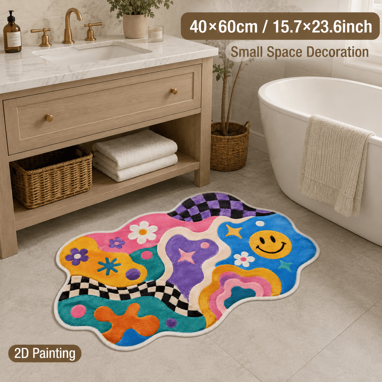 TEMU 2d Flat, 2d Flat, 1pc 2d Painting 850g/m2 Velvet Floor Mat, Fun Bathroom Vibrant Style, Suitable For Bedside Rugs, Doorway Entrance Mats, Living