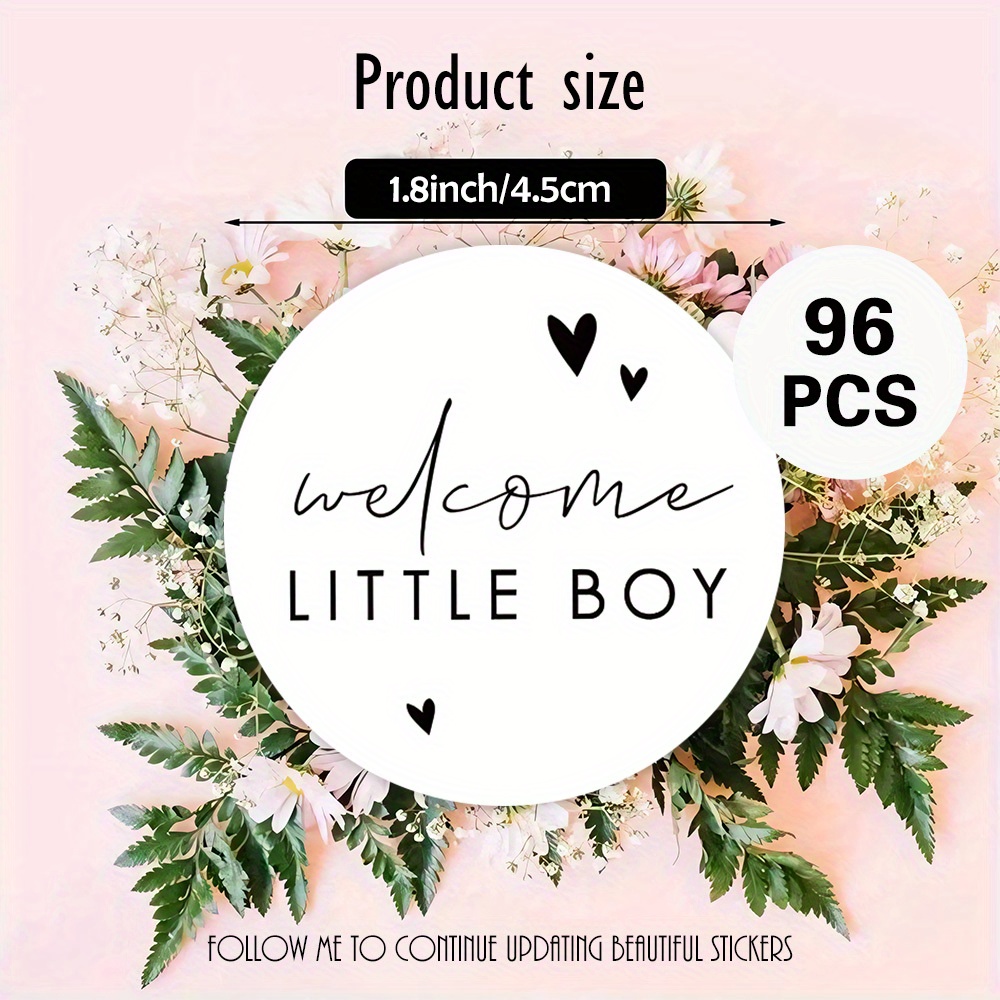 TEMU 48pcs/96pcs/144pcs About Black "welcome Little Boy" Text And Hearts, Baby - Boy - Themed Round Stickers, Suitable For Baby Cards, Gift Boxes,
