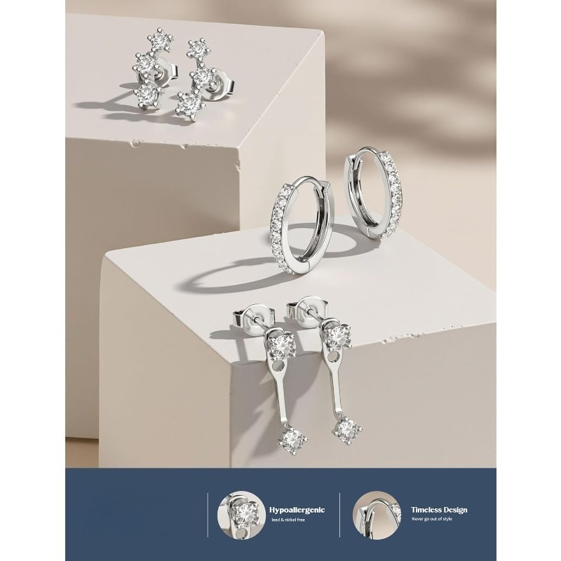 Image of 3pcs/ 6pcs Silvery Hypoallergenic Earrings For Women Trendy - Stud Hoop Cartilage Earrings Set Small Earring For Sensitive Ears Non Tarnish Dainty Silver Earring, Christmas Gifts For Women.