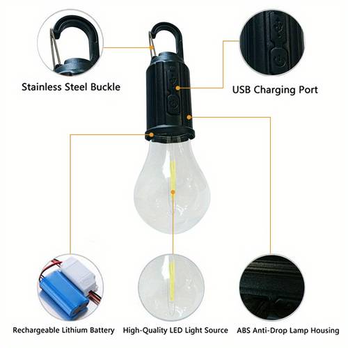 2pcs rechargeable led camping light bulbs with hooks portable usb powered tent lamps for hiking fishing backpacking emergencies 30w brightness abs material polished usb charging cables portable lighting durable abs material