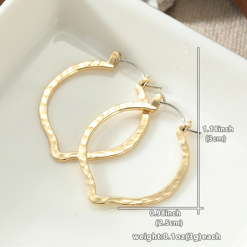 Women's Plated Hammered Leaf Hoop Earrings, Minimalist Style