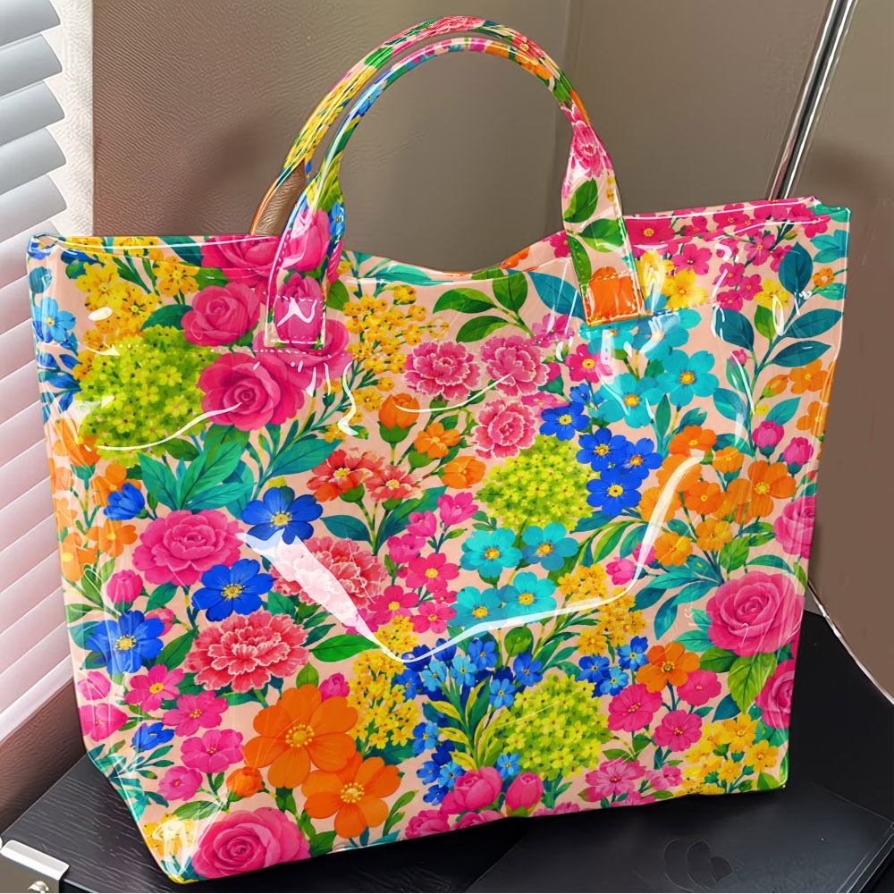 1pc Women's Large Capacity Multicolor Floral Tote Bag With Tape Closure, Pvc Handheld Handbag Suitable For, Office, Commuting, Parties, Casual Use, Spacious Carryall For Clothes &, Daily Bag