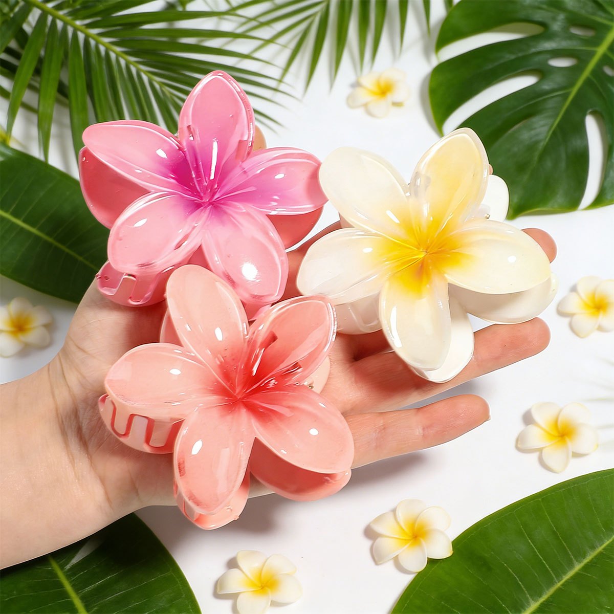 TEMU 3pcs Frangipani Flower Cute Hawaiian Additions For Messy Bun Or Half Up Half Down Hairstyles Ideas Party Photo Props Hair Clips