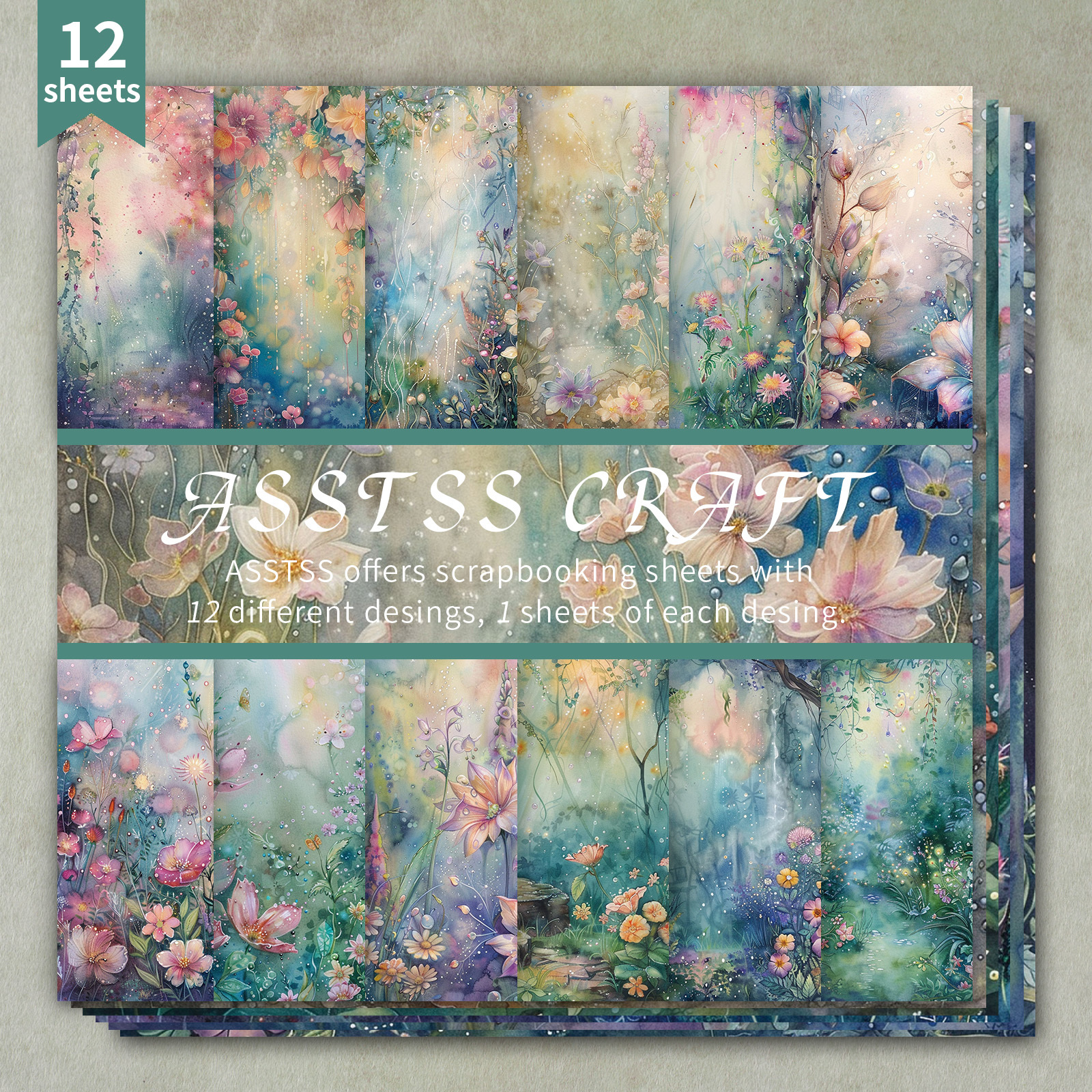TEMU 12-sheet Asstss Scrapbooking Paper Pad, Featuring A Fantasy Floral Watercolor Design, Made From Heavyweight Cardstock Suitable For Journaling,