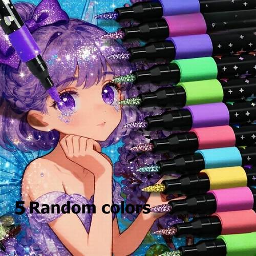item picture 5pcs paint glitter pens multicolor glitter painting pens single head fluorescent markers macaron neon multi color non bleeding ink suitable for note annotation scrapbooking office and study supplies art painting random colors