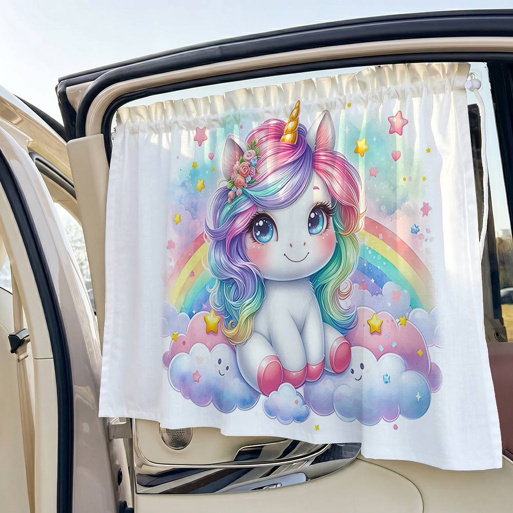 TEMU 1pc Car Sunshade, Colorful Unicorn Print Adjustable Car Sun Visor, Suction Cup Style Interior Window Curtain Side Panel, Summer Sun Protection