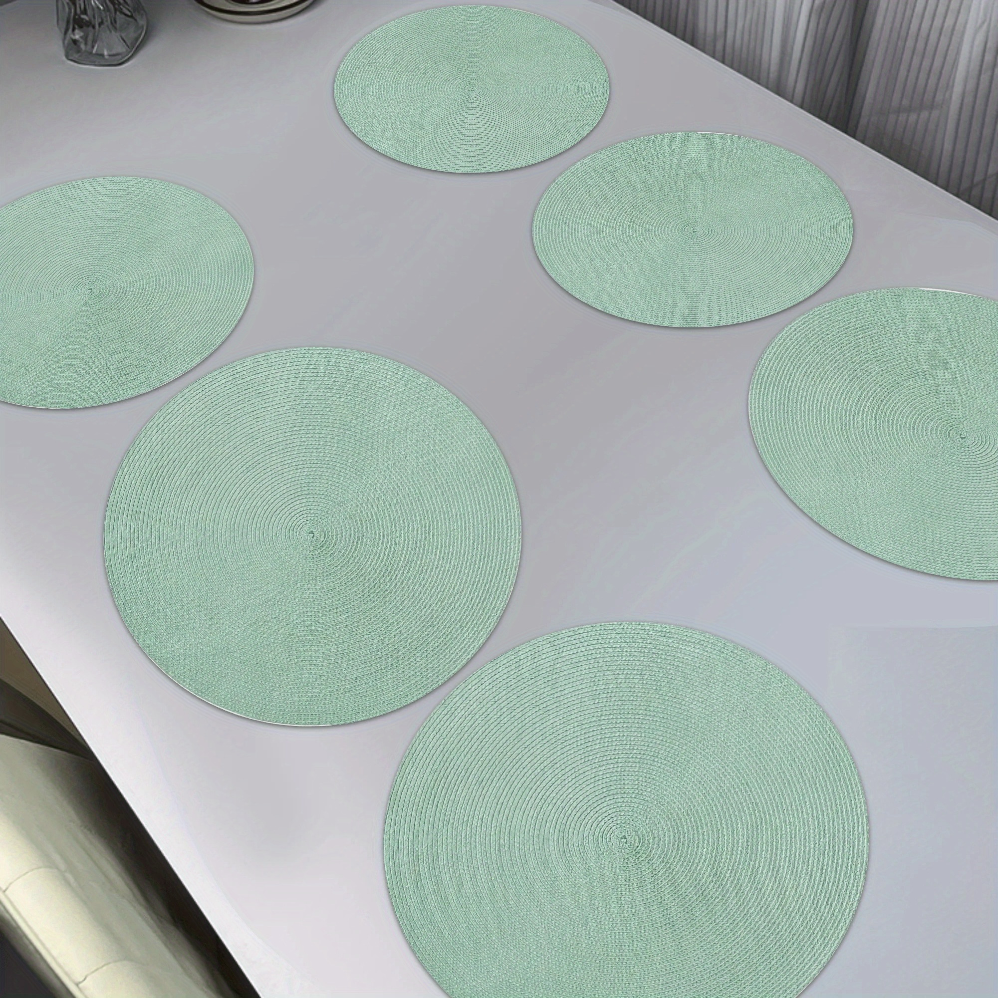 TEMU Round Placemats With A Flat 2d Print In Light Green, Made Of Non-slip Washable Polyester. Textured Weave Table Mats Are Perfect For Home