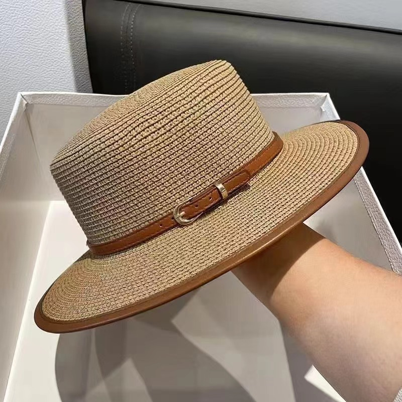TEMU 1 Set French Retro Buckle Straw Hat Embroidery British Flat Top Straw Hat Women's Summer Outing Beach Sunscreen Straw Weave Sun Hat