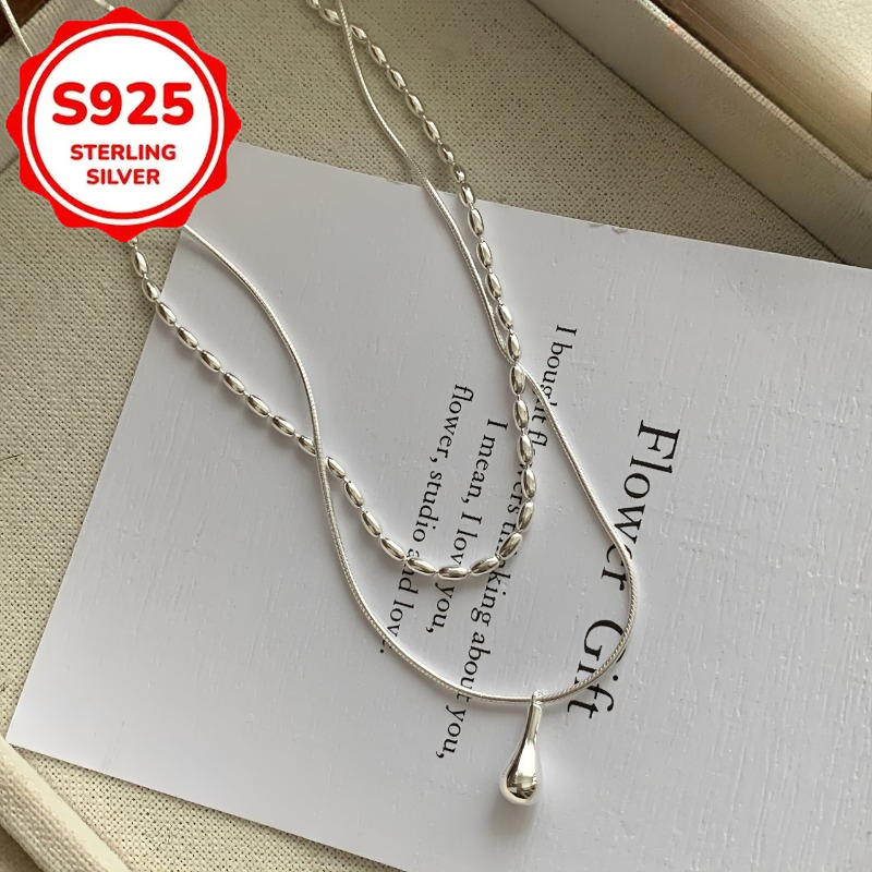 TEMU Exquisite S925 Sterling Silver Double Layered Minimalist Necklace With Teardrop Pendant. Suitable For Women. Daily Wear. Suitable For Women. A