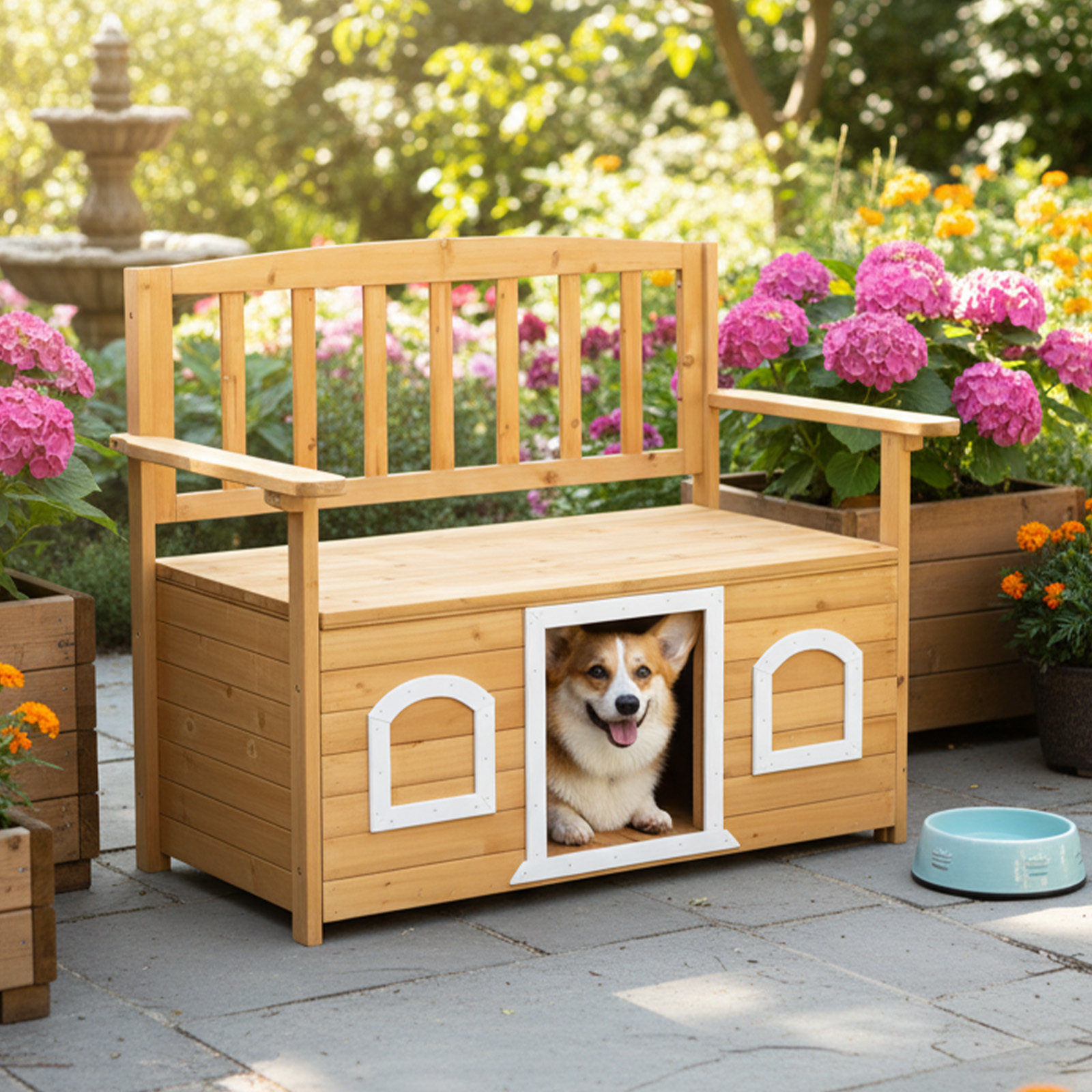Wooden Bench for Outdoors, Versatile Garden Furniture with Dog Shelter and Storage Area, Ideal for Patios, Yards, and Verandas
