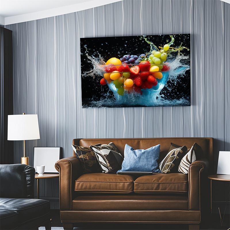 E-shop Gerahmte Leinwand-Wandkunst - Lebendiges Obstspritzer in Schüssel Moderne Kunst Dekor Ölmalerei, Holzrahmen Horizontale Wanddekoration für Küche