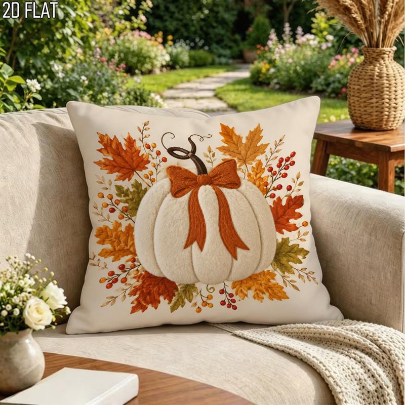 TEMU 1pc Pillowcase Without Pillow Insert, 2d Flat Single-sided Print, Autumn-themed With , Orange Bow, , And Patterns, Warm Style, Suitable For