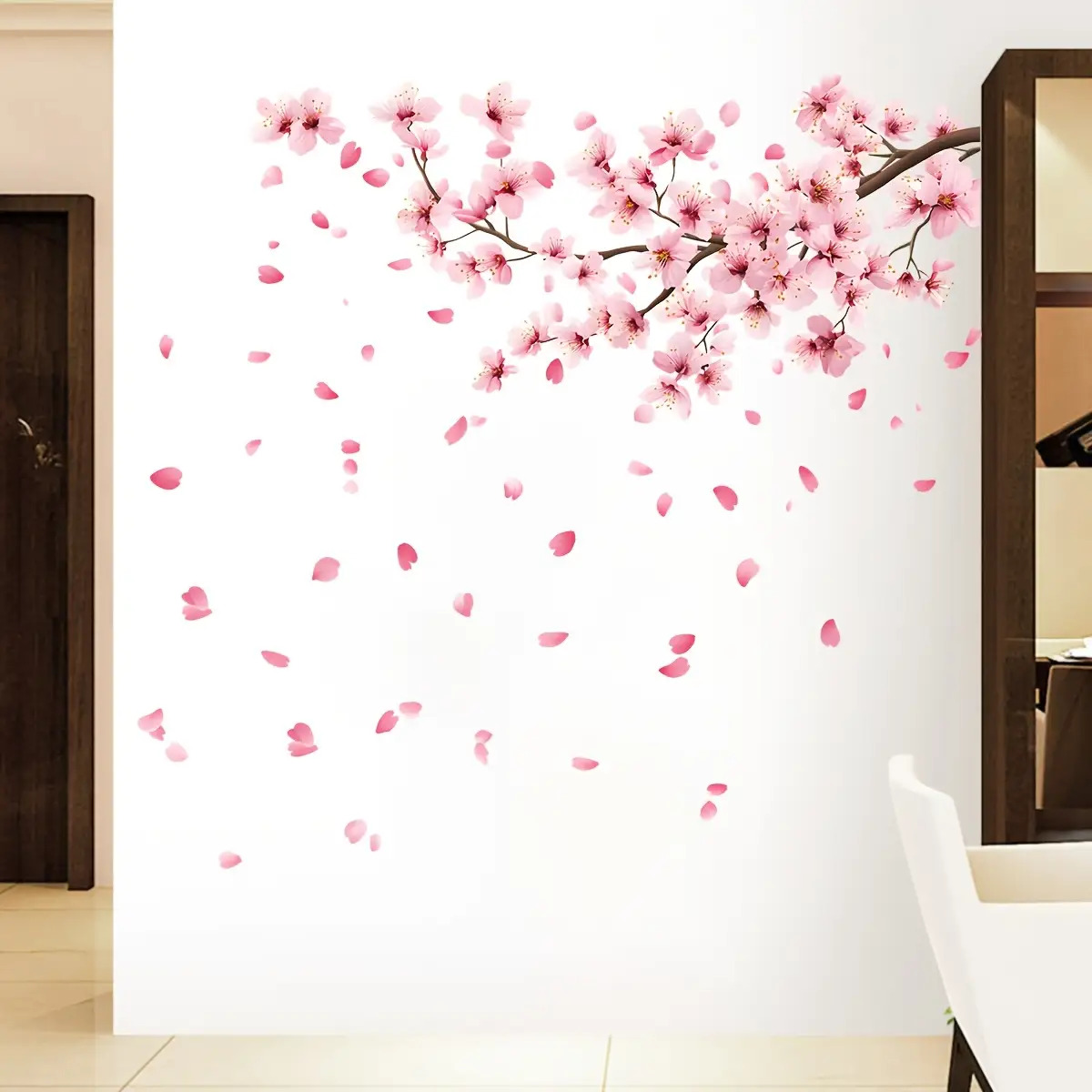 1pc Pink Cherry Tree Branch Wall Sticker, , For Bedroom, Living Room, Bathroom Decoration Stickers
