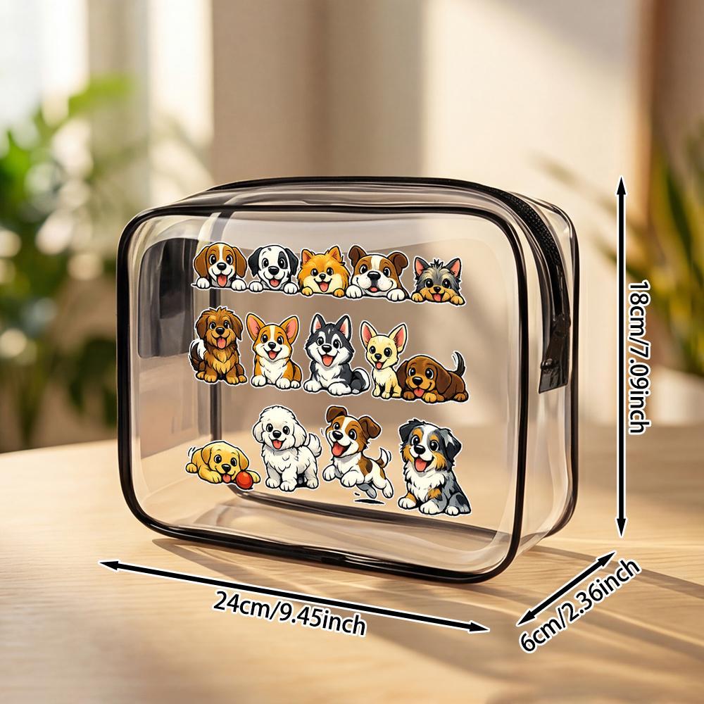 TEMU Clear Pvc Zippered Makeup Storage Bag Featuring Cartoon Puppies, Designed With Various Cute Dog Breeds. This Portable Cosmetic Organizer Is