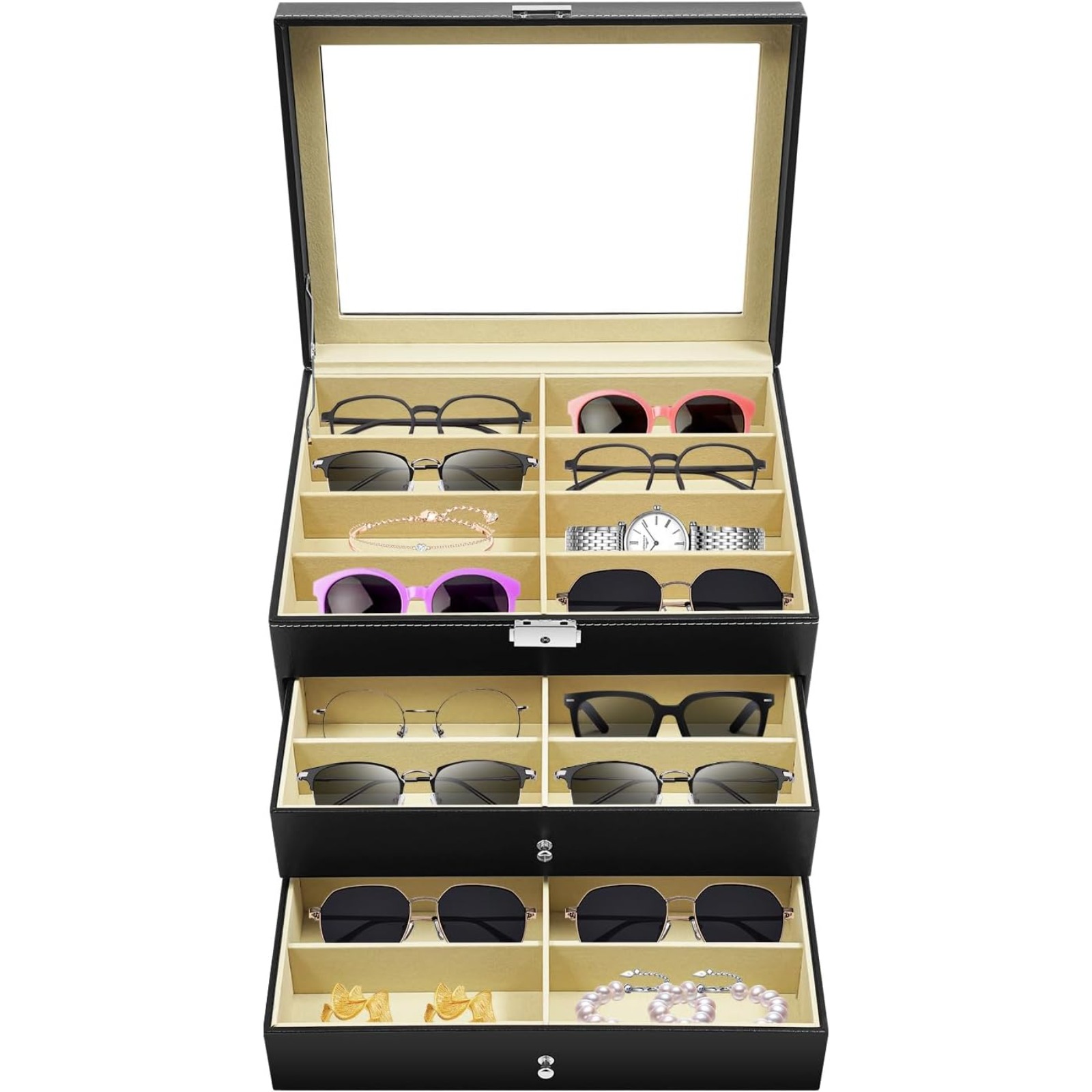 TEMU OUKANING Organizador de 3 Capas Ranuras con Cerradura, Estuche de Exhibición para Gafas y de Almacenamiento Rígida para de Gafas, Joyas, Relojes