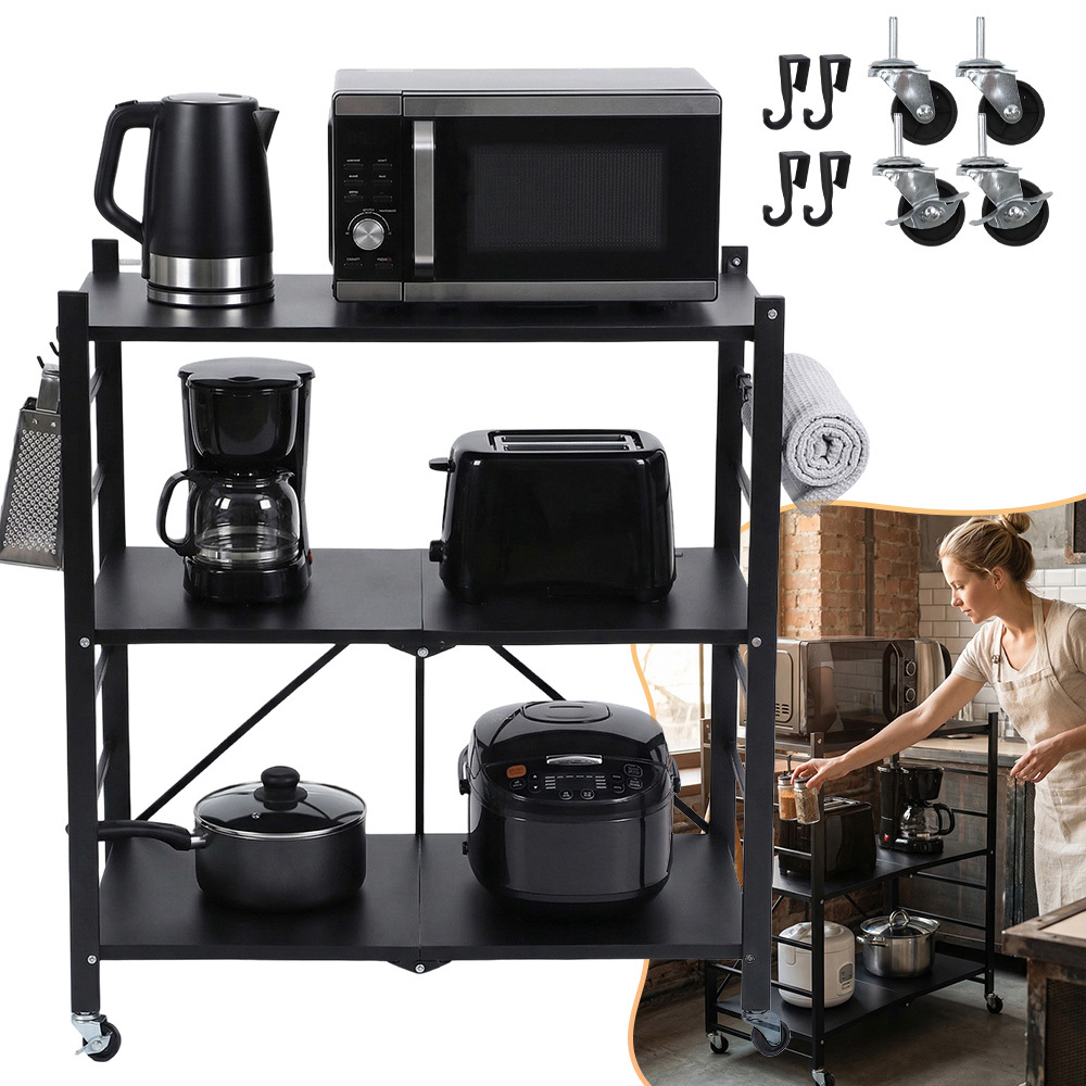 3-tier Foldable Metal Shelving Unit With Wheels, Large Capacity Heavy Duty Metal Shelving Unit, For Kitchen, Garage, Bakers And Laundry Bathroom Tool, Utility Racks