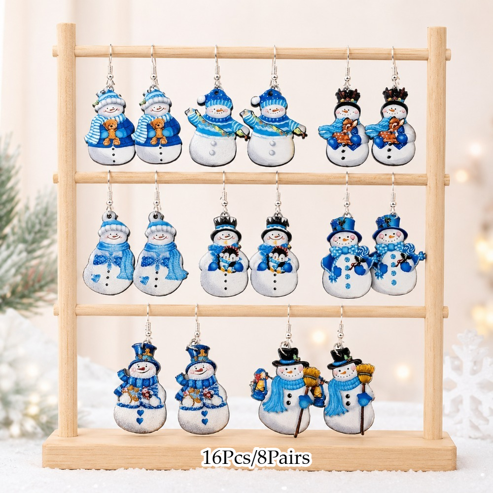 TEMU 16pcs/8-pair Creative Snowman Christmas Acrylic Pendant Earring Set, Sweater Charm Earrings, Autumn/winter Jewelry Accessories, Suitable As