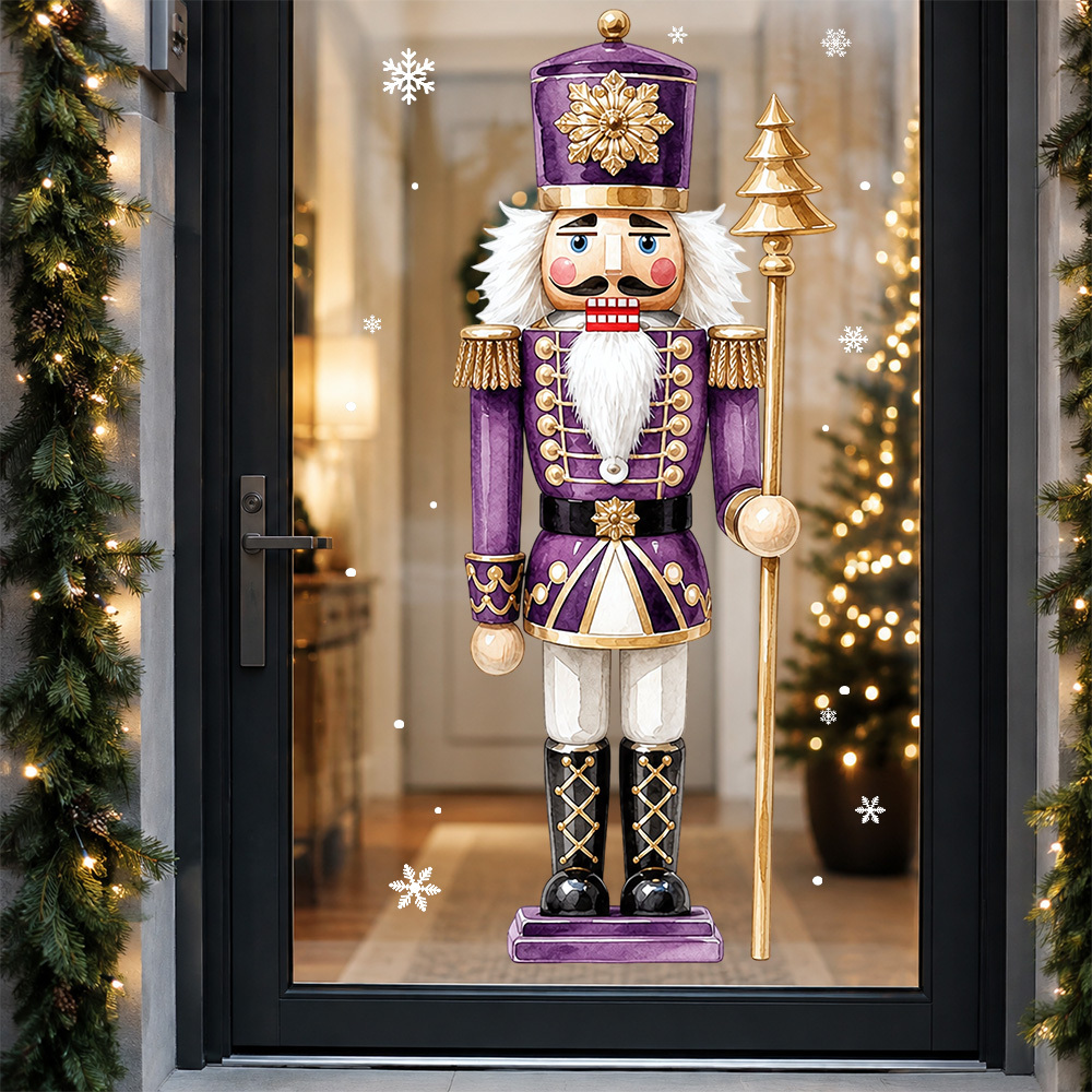 TEMU Christmas Large Retro Watercolor Nutcracker Glass Stickers, Featuring Traditional Nutcracker Soldiers And Classic Snowflake Double-sided Window