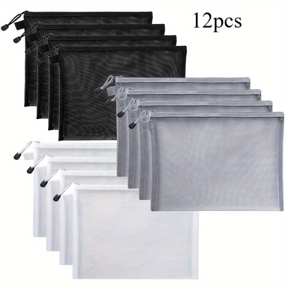 Set Of 12 Nylon Mesh Bags With Zippers, Suitable For Cosmetics, Stationery, And Travel Essentials, In Black, White, And Gray, Size A5