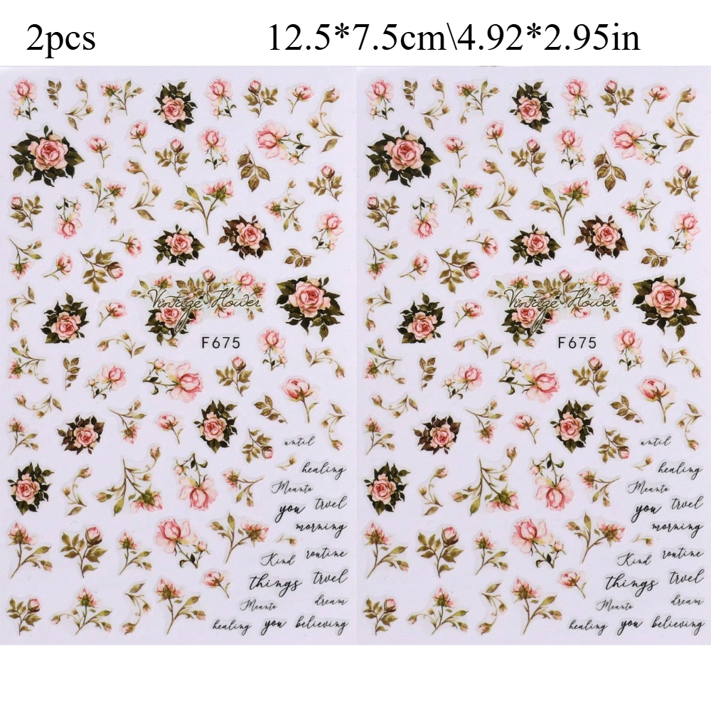 Set Of 2 Rose-themed Nail Art Stickers Perfect For Valentine's Day, Featuring Rose Floral Patterns. Self-adhesive Nail Decals Are Ideal For Decorating Nails And Are Great Supplies For For Women And