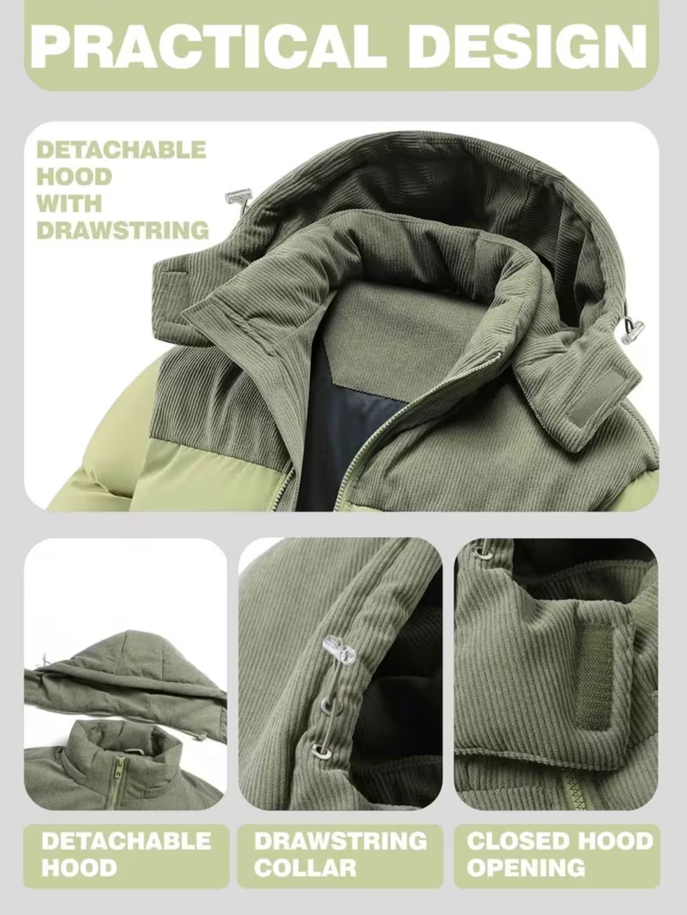 Corduroy Patchwork Hooded Padded, a Winter Thickened Warm Color... product image 4